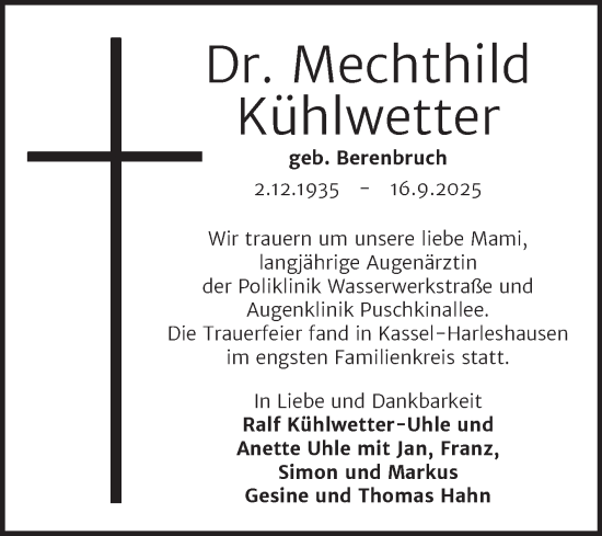 Traueranzeige von Mechthild Kühlwetter von Mitteldeutsche Zeitung Dessau-Roßlau