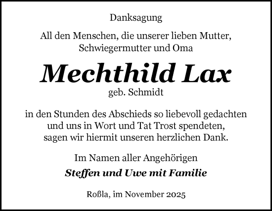 Traueranzeige von Mechthild Lax von Trauerkombi Sangerhausen