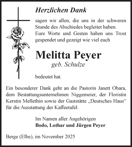 Traueranzeige von Melitta Peyer von Volksstimme Altmark Ost