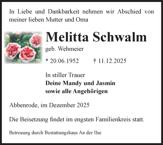 Traueranzeige von Melitta Schwalm von Volksstimme Wernigerode