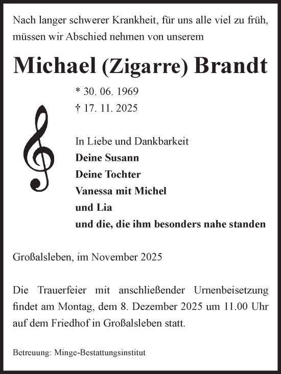 Traueranzeige von Michael Brandt von Volksstimme Oschersleben/Wanzleben