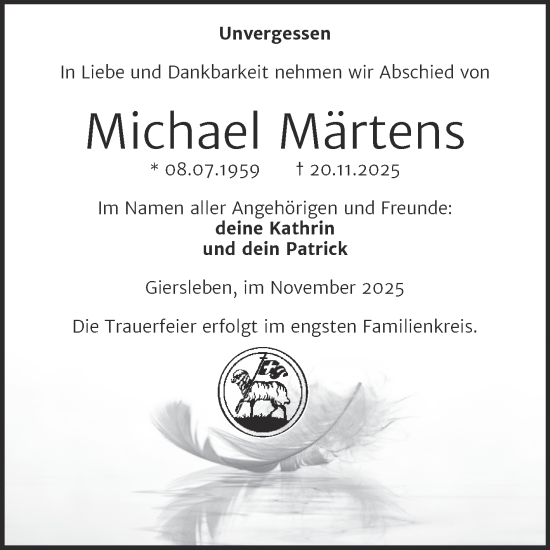 Traueranzeige von Michael Märtens von Trauerkombi Aschersleben