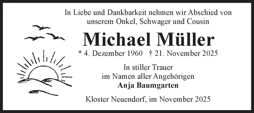  Traueranzeige für Michael Müller vom 29.11.2025 aus Volksstimme Altmark West