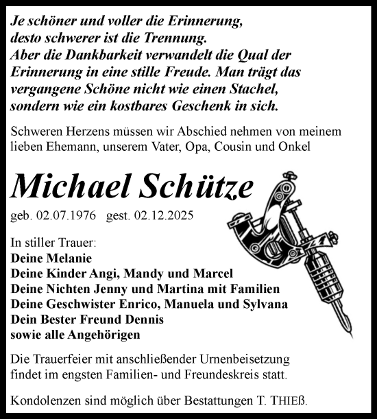 Traueranzeige von Michael Schütze von Trauerkombi Quedlinburg