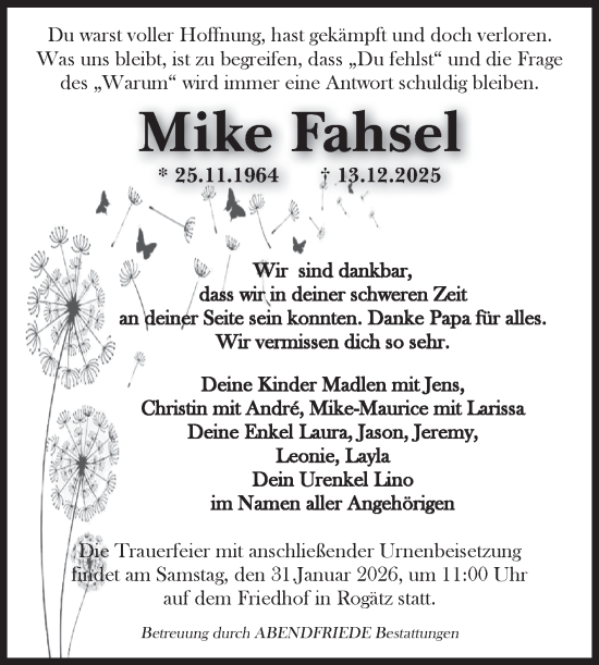 Traueranzeige von Mike Fahsel von Volksstimme Magdeburg