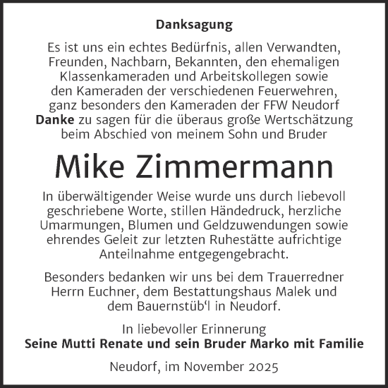 Traueranzeige von Mike Zimmermann von Trauerkombi Quedlinburg