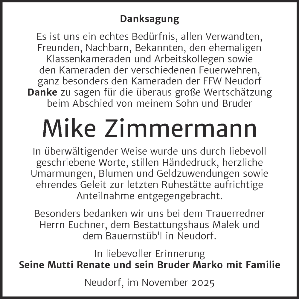 Traueranzeige für Mike Zimmermann vom 29.11.2025 aus Trauerkombi Quedlinburg