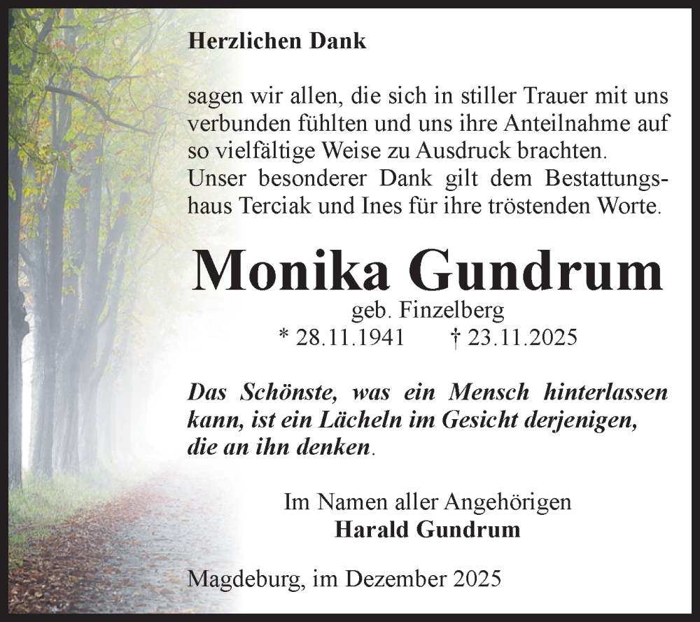  Traueranzeige für Monika Gundrum vom 20.12.2025 aus Volksstimme Magdeburg