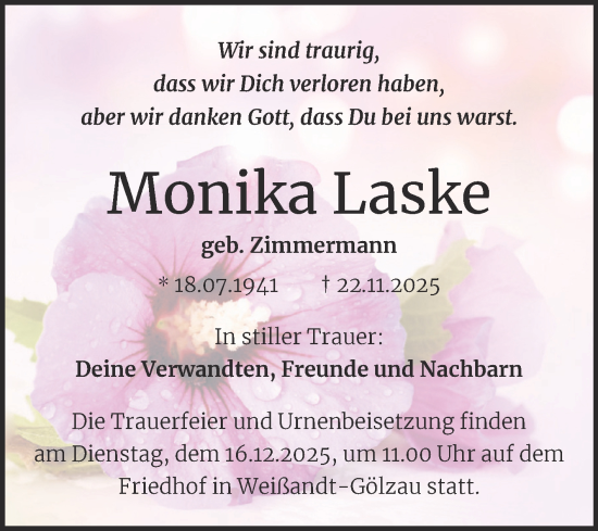 Traueranzeige von Monika Laske von Trauerkombi Köthen