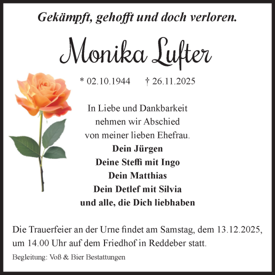 Traueranzeige von Monika Lufter von Volksstimme Wernigerode