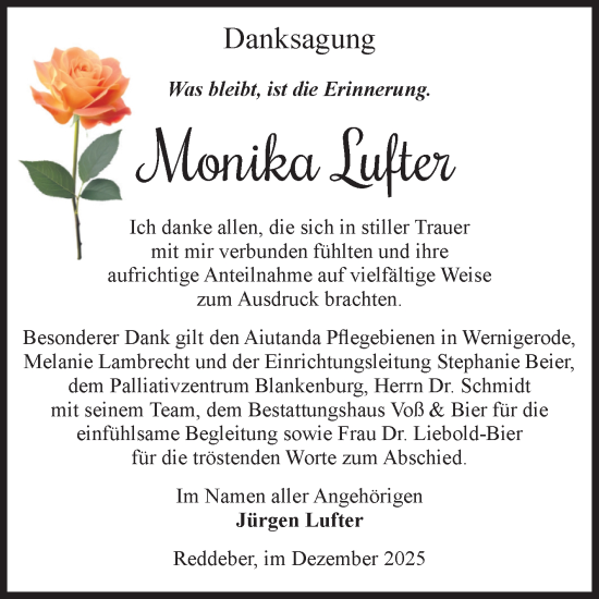 Traueranzeige von Monika Lufter von Volksstimme Wernigerode