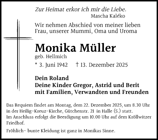 Traueranzeige von Monika Müller von Mitteldeutsche Zeitung Halle/Saalkreis