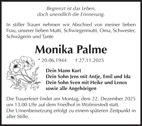 Traueranzeige von Monika Palme von Volksstimme Haldensleben/Wolmirstedt