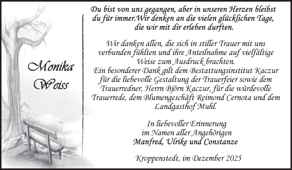  Traueranzeige für Monika Weiß vom 13.12.2025 aus Volksstimme Staßfurt