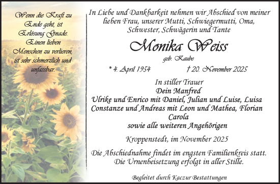Traueranzeige von Monika Weiß von Volksstimme Oschersleben/Wanzleben