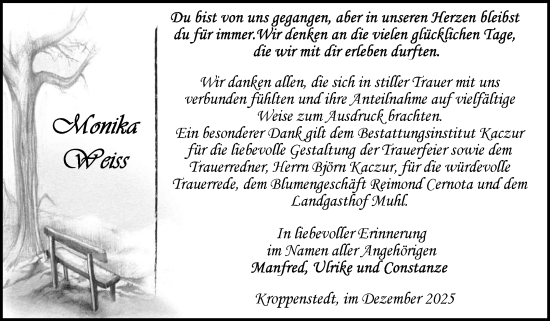 Traueranzeige von Monika Weiß von Volksstimme Oschersleben/Wanzleben