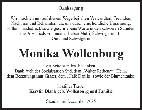Traueranzeige von Monika Wollenburg von Volksstimme Altmark Ost