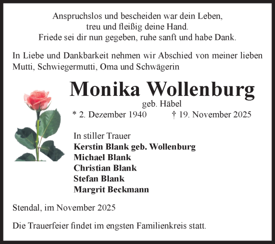 Traueranzeige von Monika Wollenburg von Volksstimme Altmark Ost