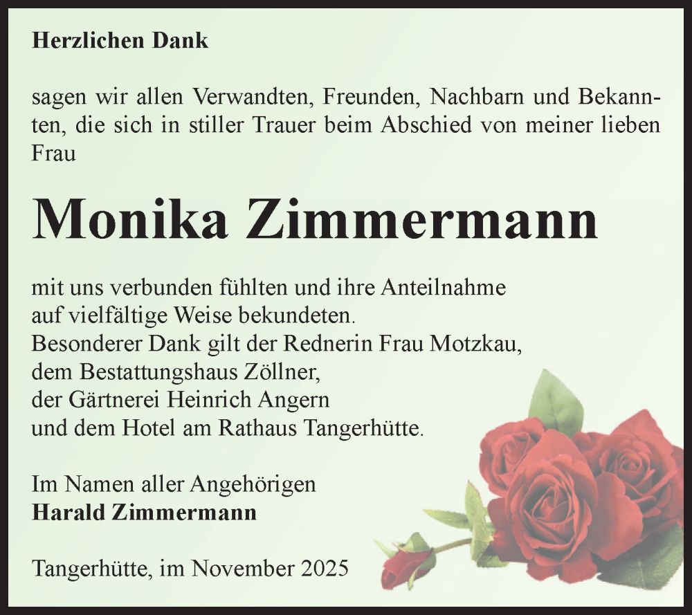  Traueranzeige für Monika Zimmermann vom 06.12.2025 aus Volksstimme Altmark Ost