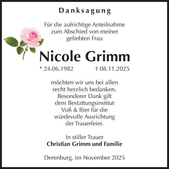 Traueranzeige von Nicole Grimm von Volksstimme Wernigerode