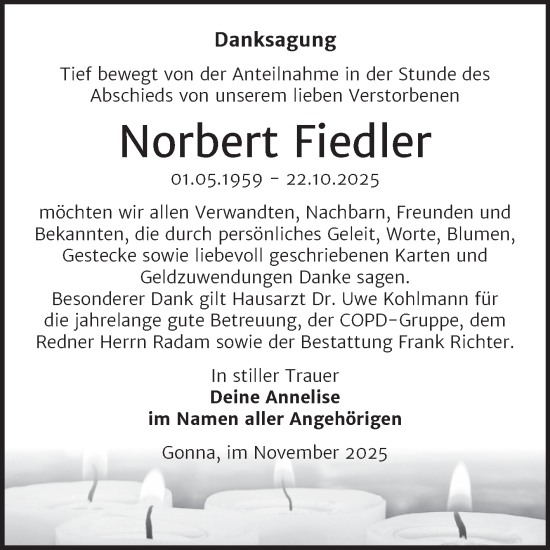 Traueranzeige von Norbert Fiedler von Trauerkombi Sangerhausen