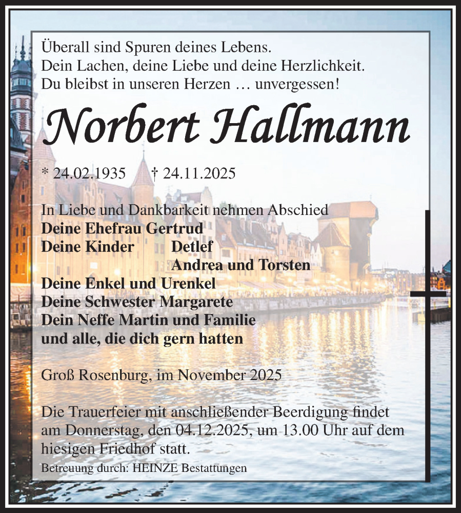  Traueranzeige für Norbert Hallmann vom 29.11.2025 aus Volksstimme Schönebeck