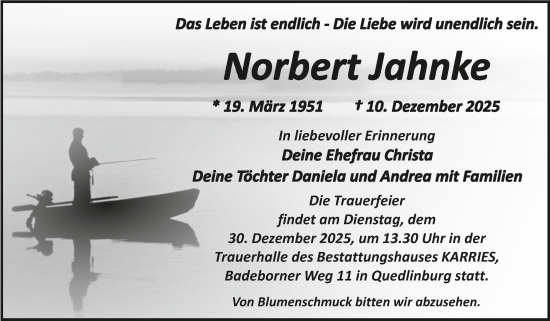 Traueranzeige von Norbert Jahnke von Trauerkombi Quedlinburg