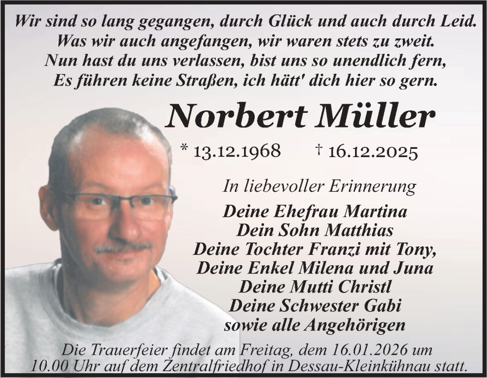  Traueranzeige für Norbert Müller vom 27.12.2025 aus Trauerkombi Dessau