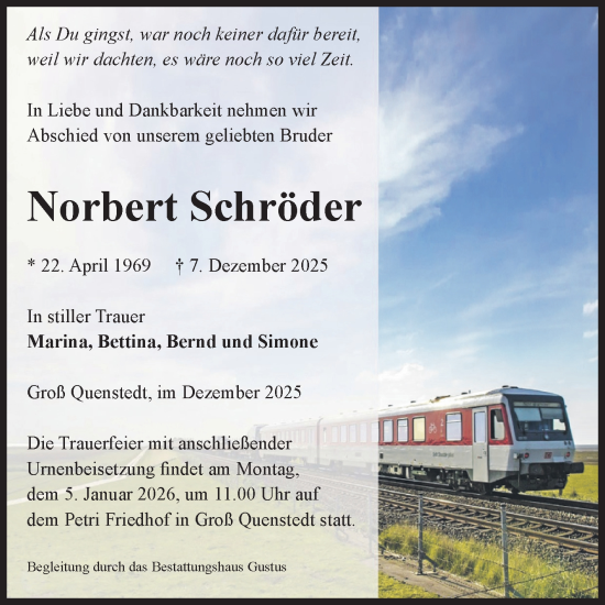 Traueranzeige von Norbert Schröder von Volksstimme Halberstadt