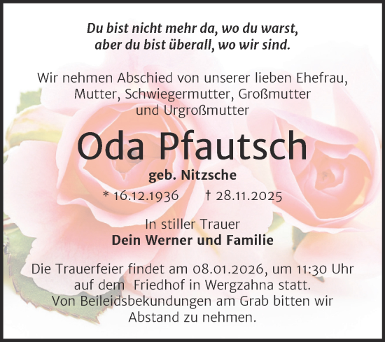 Traueranzeige von Oda Pfautsch von Trauerkombi Wittenberg