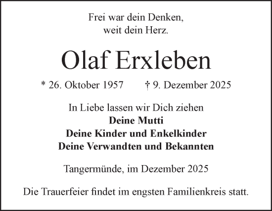 Traueranzeige von Olaf Erxleben von Volksstimme Altmark Ost