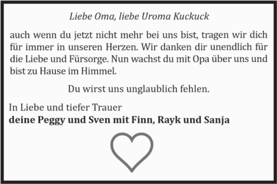 Traueranzeige von Oma Kuckuck von Volksstimme Halberstadt