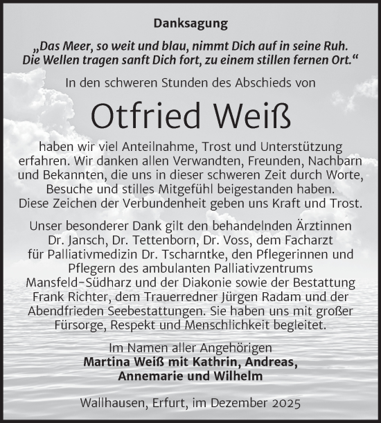 Traueranzeige von Otfried Weiß von Trauerkombi Sangerhausen