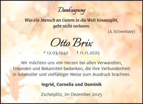 Traueranzeige von Otto Brix von Super Sonntag Naumburg/Nebra