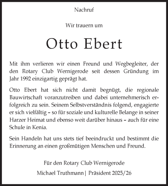 Traueranzeige von Otto Ebert von Volksstimme Wernigerode