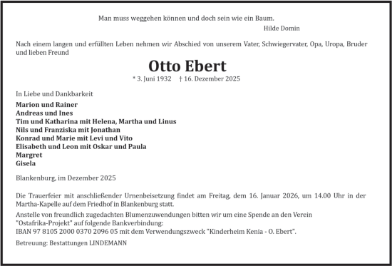 Traueranzeige von Otto Ebert von Volksstimme Halberstadt