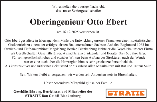 Traueranzeige von Otto Ebert von Volksstimme Halberstadt