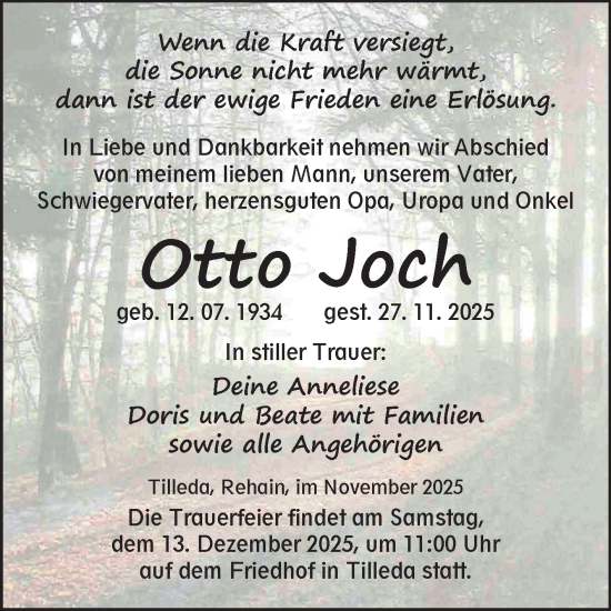 Traueranzeige von Otto Joch von Trauerkombi Sangerhausen