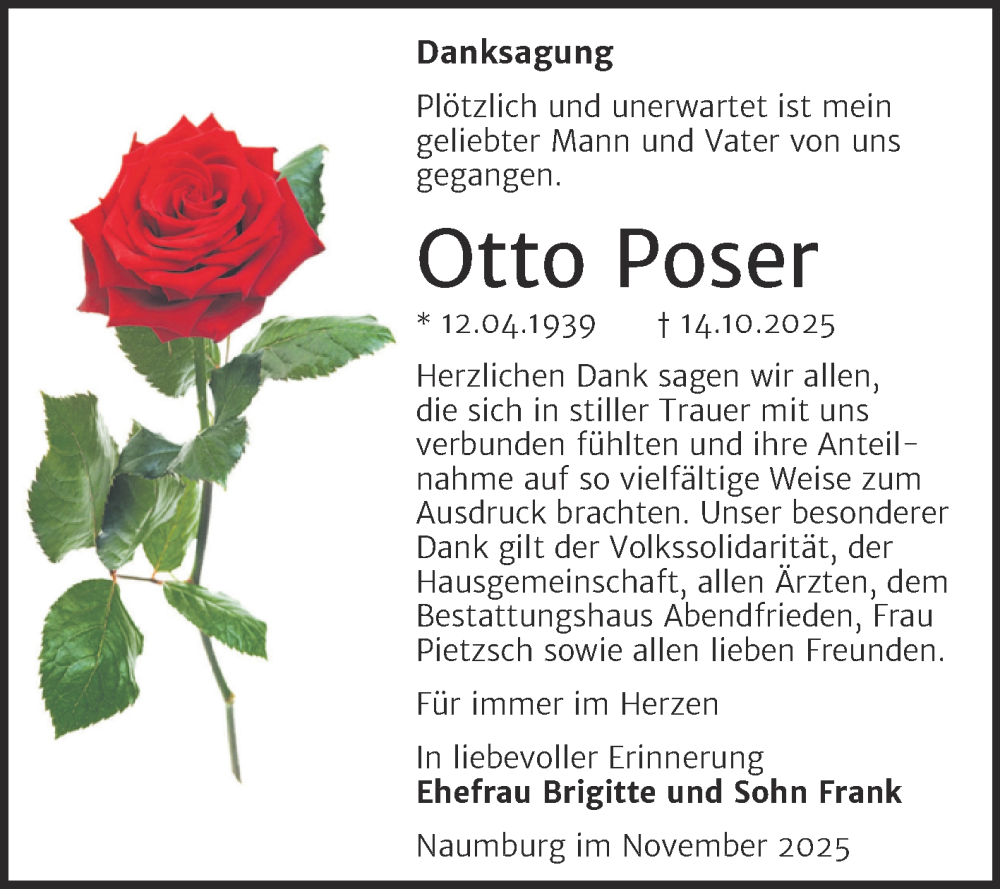  Traueranzeige für Otto Poser vom 29.11.2025 aus Super Sonntag Naumburg/Nebra