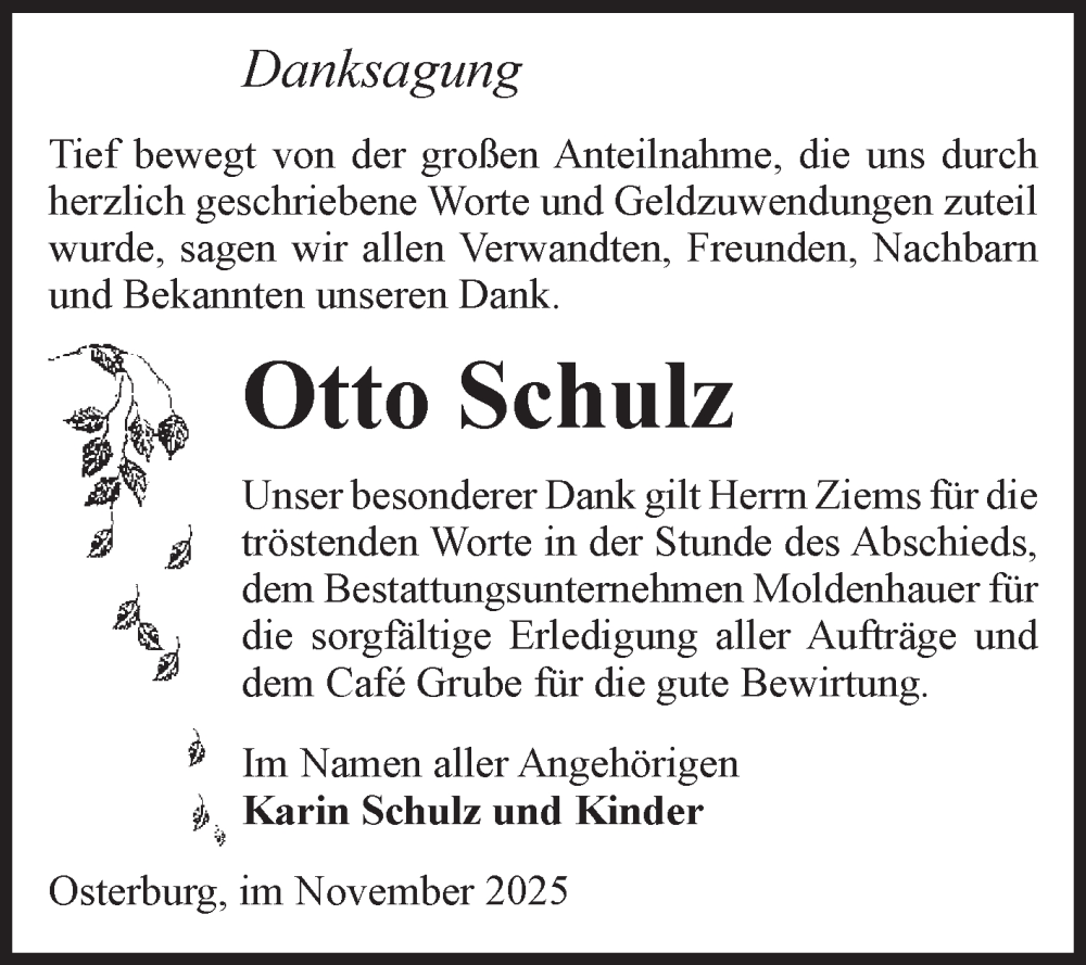  Traueranzeige für Otto Schulz vom 06.12.2025 aus Volksstimme Altmark Ost