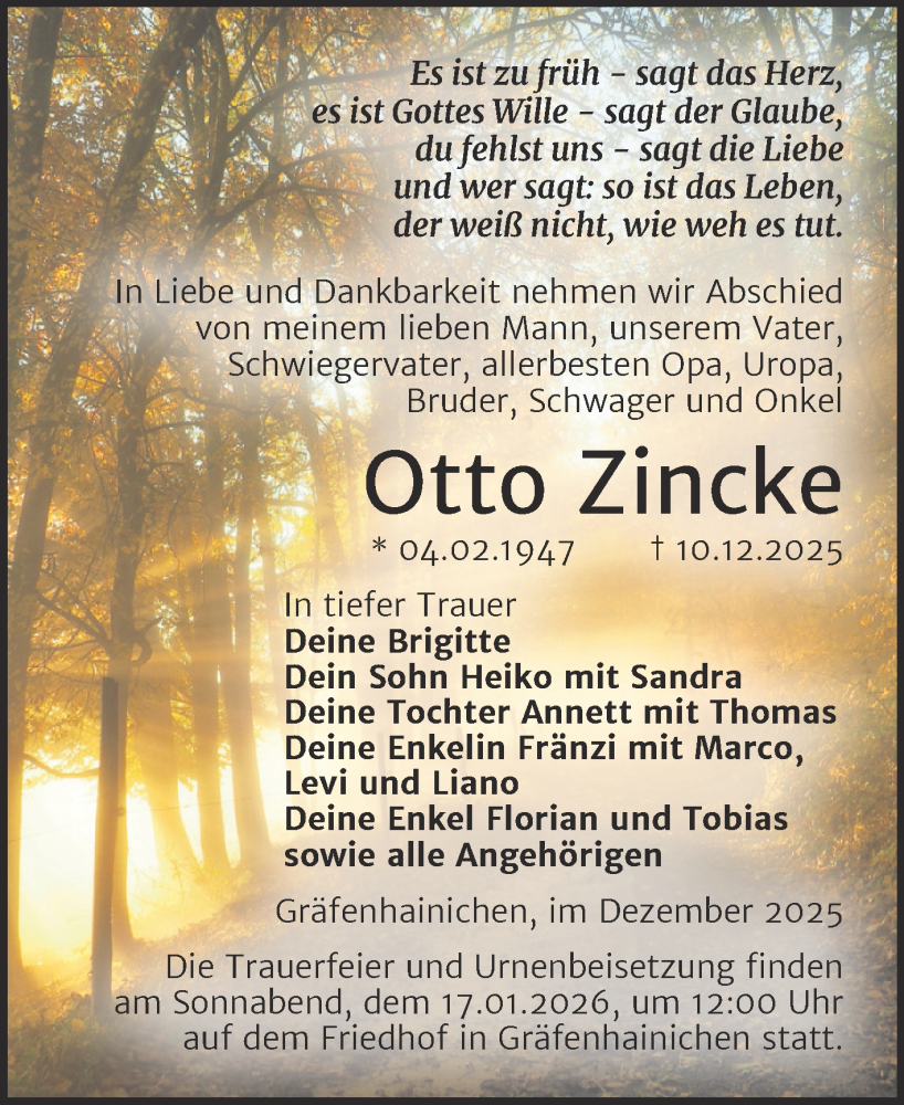  Traueranzeige für Otto Zincke vom 27.12.2025 aus Trauerkombi Wittenberg