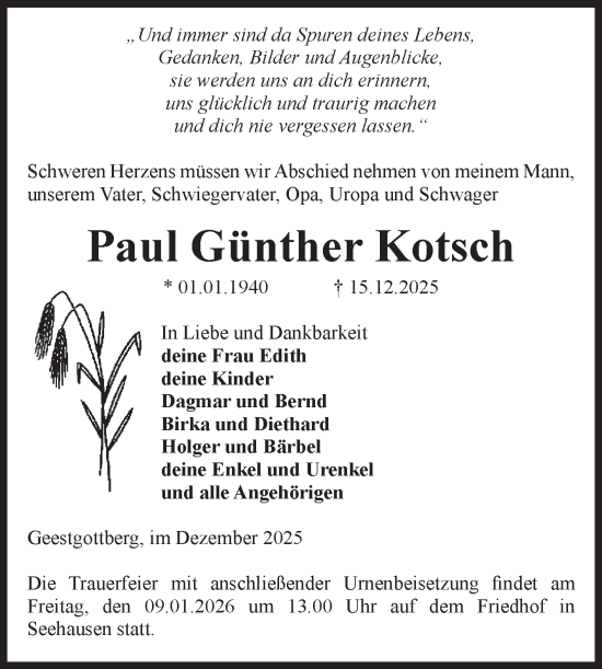 Traueranzeige von Paul Günther Kotsch von Volksstimme Altmark Ost