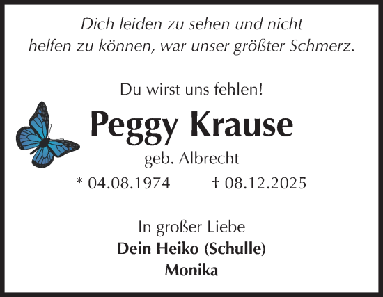 Traueranzeige von Peggy Krause von Volksstimme Magdeburg