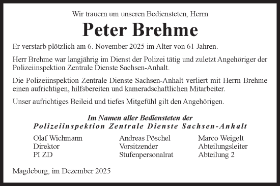Traueranzeige von Peter Brehme von Volksstimme Burg/Genthin