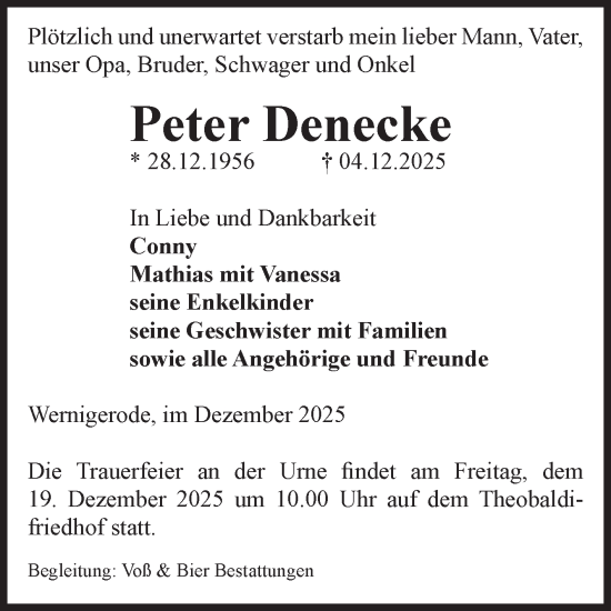 Traueranzeige von Peter Denecke von Volksstimme Wernigerode