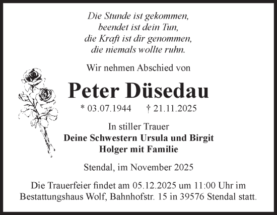 Traueranzeige von Peter Düsedau von Volksstimme Altmark Ost