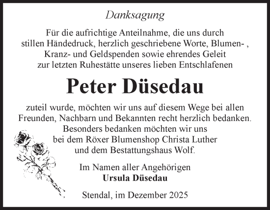 Traueranzeige von Peter Düsedau von Volksstimme Altmark Ost