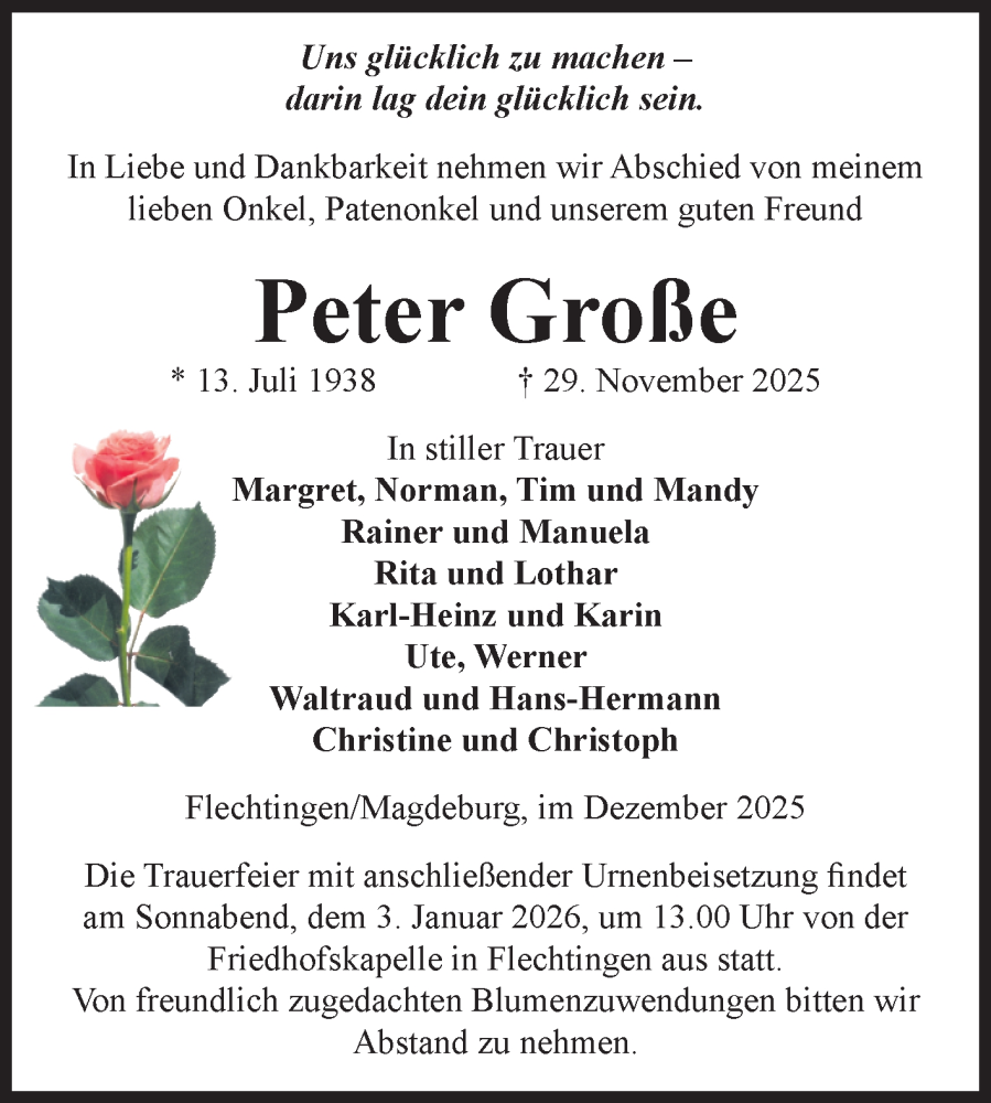 Traueranzeige für Peter Große vom 06.12.2025 aus Volksstimme Magdeburg
