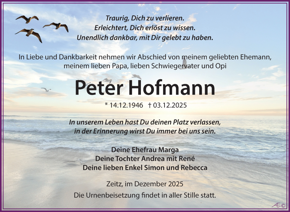  Traueranzeige für Peter Hofmann vom 13.12.2025 aus Trauerkombi Zeitz