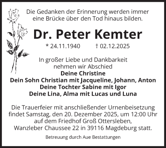 Traueranzeige von Peter Kemter von Volksstimme Magdeburg